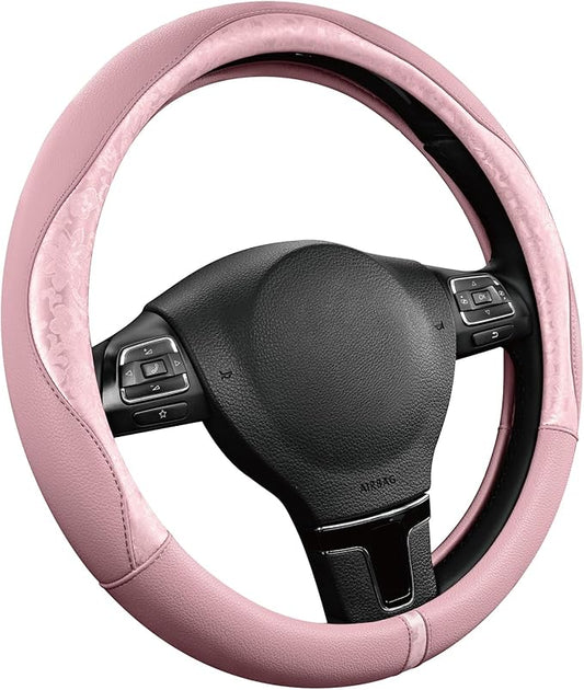 PIC AUTO Steering Wheel Cover, Pink Patterned Leather Patchwork Design, Universal Fit 14.5"–15.5", Anti-Slip, Odor-Free, Soft PU Grain Leather, Durable Grip Car Accessory for Girls & Women