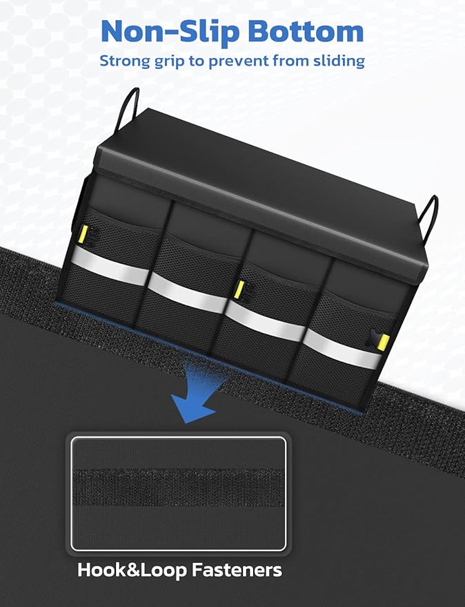 Oasser 55L Car Trunk Organizer, 3 Compartments Collapsible Waterproof Car Organizer Storage with Foldable Cover, Reflective Strip, Non-Slip Bottom, 4 Mesh Pockets for SUV/Truck/Sedan/Camping/Road Trip