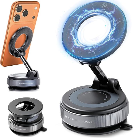Vacuum Magnetic Car Phone Holder, 360° Adjustable Magsafe Car Mount with Strong Suction Cup for iPhone Android All Smartphones，Foldable Magnetic Phone Holder for Car/Gym/Mirror/Smooth Surface