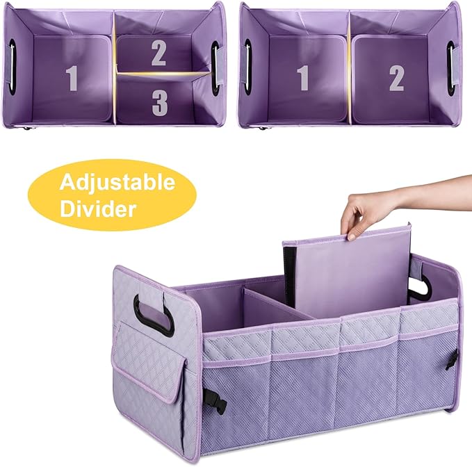 JiatuA Car Trunk Organizers and Storage for SUV, Collapsible Multi Compartment Container Box Adjustable Car Accessories for Women Men, Light Purple