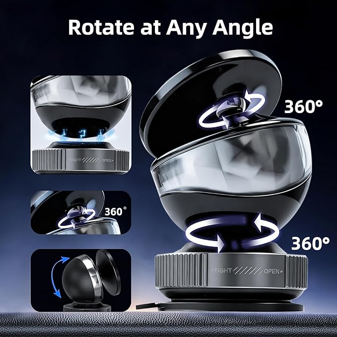 Car Phone Holder with Magnetic Ring Vacuum Magnetic 360° Adjustable Portable Magsafe Spherical Phone Mount for Car Home Gym Office Compatible All Smartphones (Silvery)