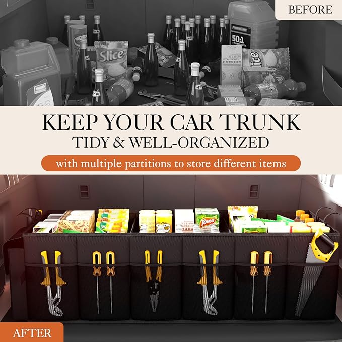 HOTOR Foldable Trunk Organizer - SUV & Sedan Compatible, 3 Compartment, Black, 31.9"×12.6"×10.6" Sturdy Car Organization for Accessories, Tools, Sundries