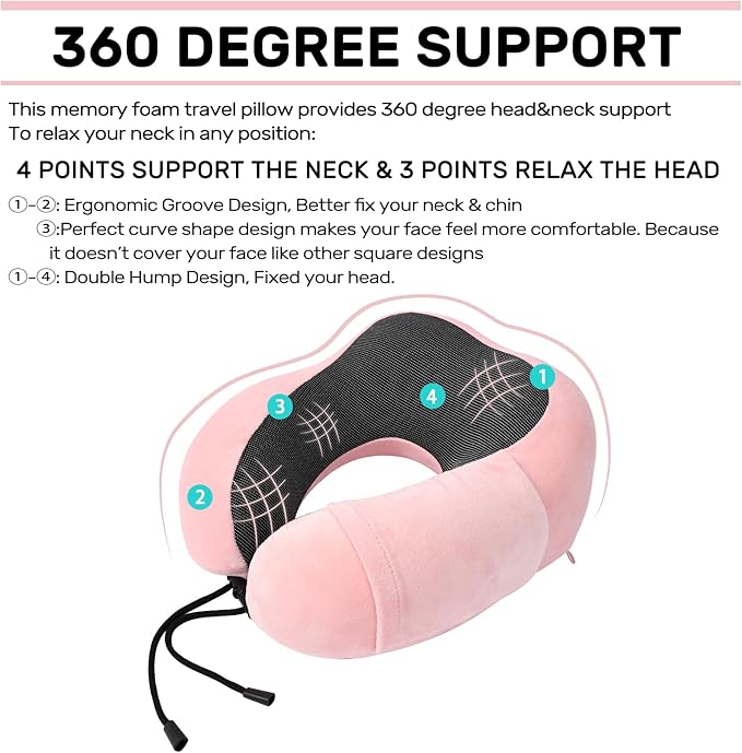 Neck Pillow Airplane-2 Pack Memory Foam Travel Pillow, Soft Support Travel Neck Pillow for Travelling, Sleeping Rest, Car, Train and Home Use (Black&Pink)