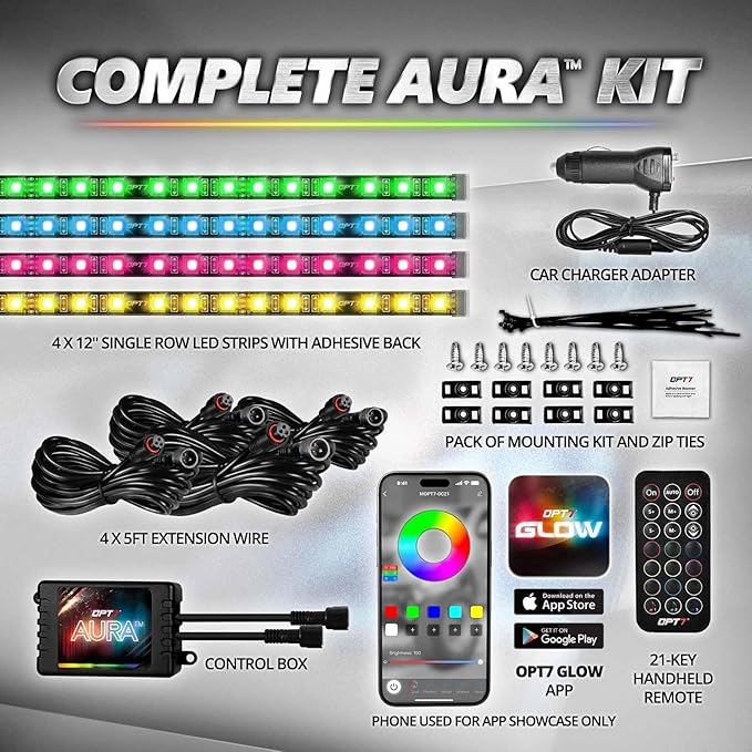 OPT7 Aura Pro Interior Car Lights with App & Remote Control, Multicolor Change, Music Sync Inside Ambient Lighting Kit, Car SUV Van Under Dash Decor, 12V Charger Adapter, 4PC Single Row LED Strip