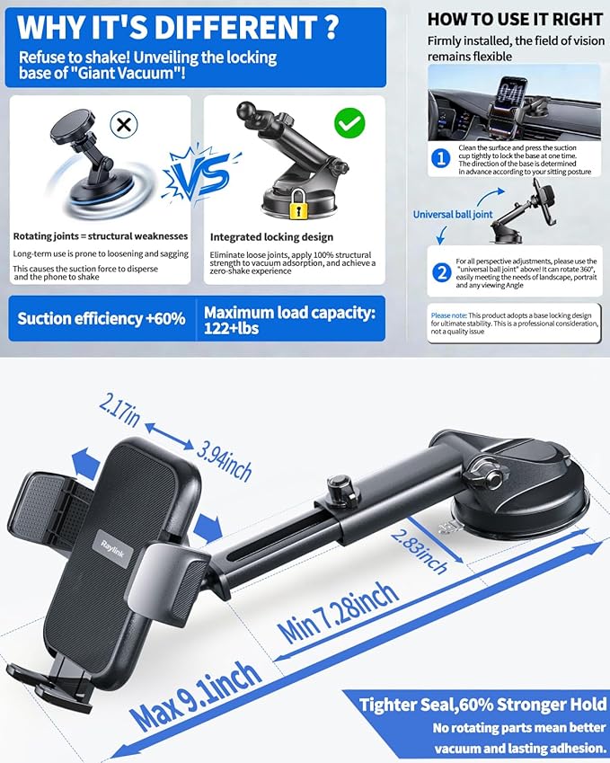 RayLink【122+LBS Strongest Suction & Military-Grade Ultimate Car Phone Holder【Patent & Safety Certs】 Cell Phone Mount Truck Stand for Dashboard Windshield Vent for iPhone 17 Pro Max 16 15 Samsung
