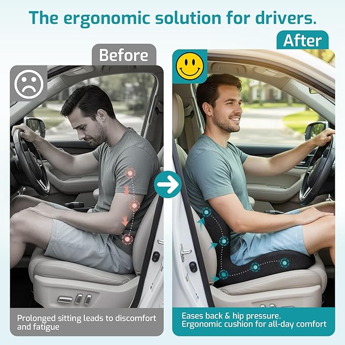 Trucker Seat Cushion, Car Seat Cushions with Lumbar Support Pillow, Ergonomic L-Shaped One Piece Memory Foam Pad for Long Driving Back Pain Sciatica Relief, Drivers Office Workers (Black+Mesh Cloth)