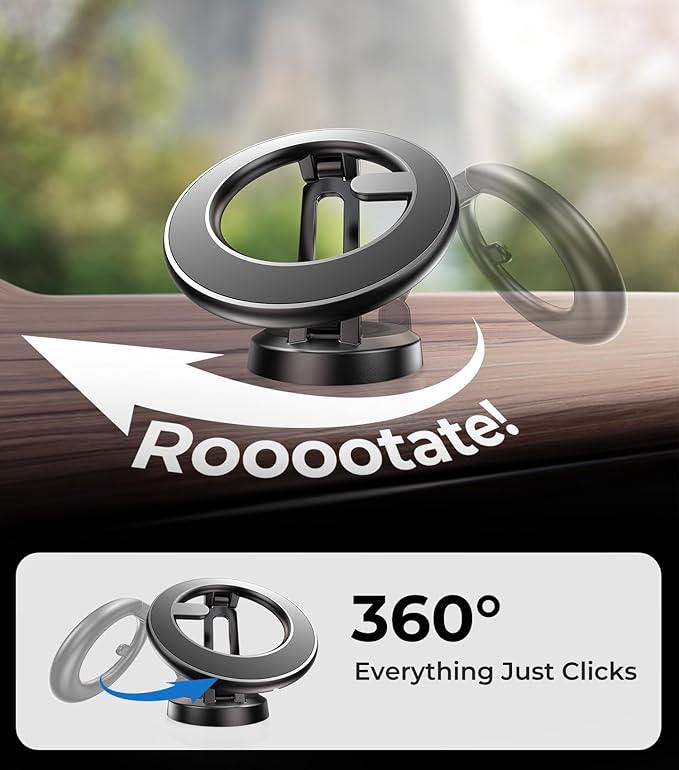 【World Minimal Space Design】 Folding Car Phone Holder Mount for Magsafe, Dashboard Windshield Magnetic Mount, Best Car Accessories for iPhone 16/15/14/13/12 Pro Max Plus, Men & Women