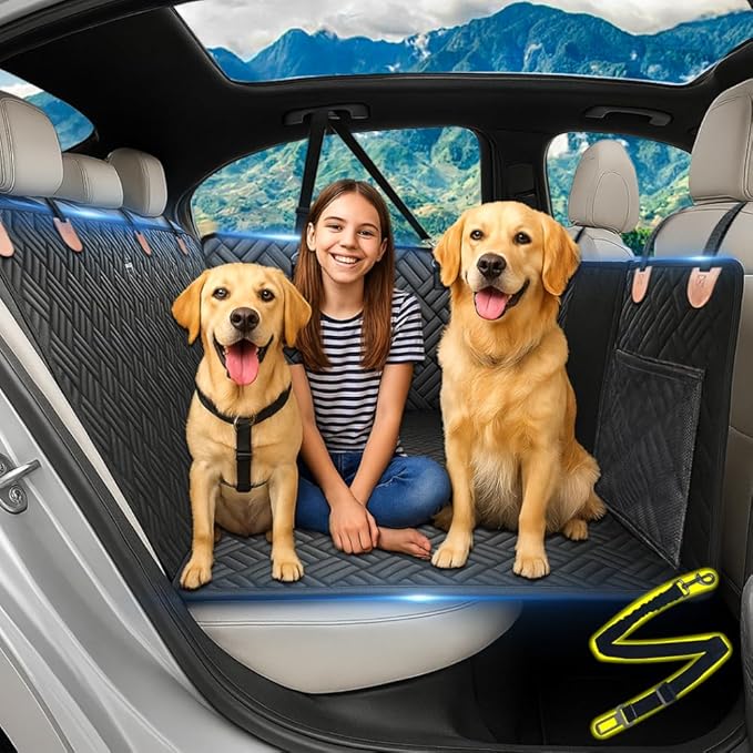 Dog Car Seat Cover for Back Seat, Hard Bottom Upgraded Leather Back Seat Extender Holds 400lbs, Waterproof Anti-Scratch Heavy Duty Dog Hammock for Car, SUV, Truck, Large Space Pet Travel Bed