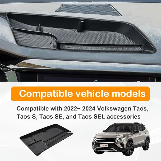 TACOBRO Interior Dashboard Storage Compatible with Volkswagen Taos 2022 2023 2024 Accessories, Taos Dash Mounted Organizer Tissue Holder Tray Box ABS Black
