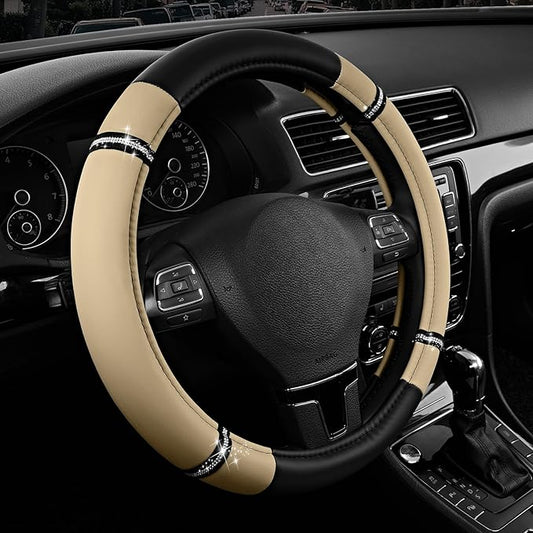 Road Comfort Leather Steering Wheel Cover – Premium Anti-Slip Car Steering Wheel Grip Cover – Universal Fit for 14.5”–15.5” Cars, Trucks & SUVs - Beige