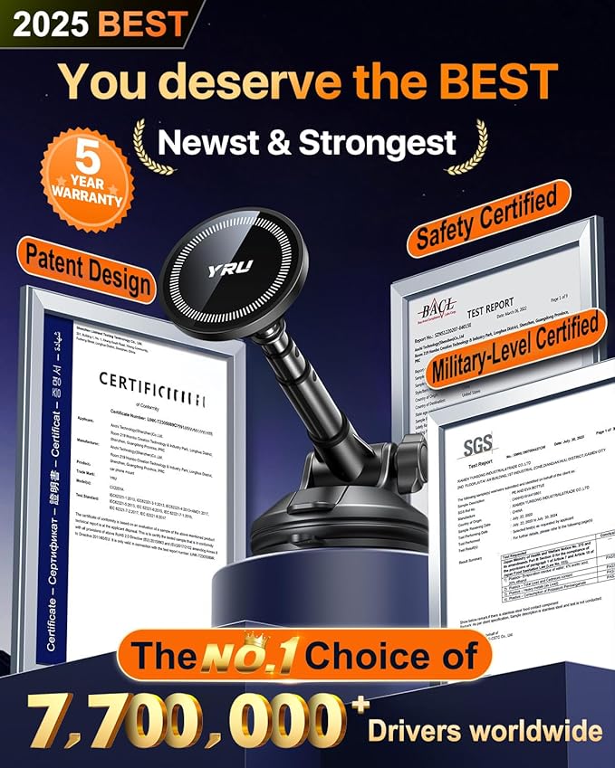 YRU Upgraded Magnetic Phone Holder for Car【Patented & Super Magnet】 for MagSafe Car Mount Dashboard Magnet Phone Holder Windshield Phone Stand for iPhone 17 16 15 14 13 12 Pro Max Samsung, Black