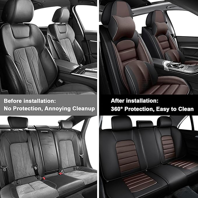 5 Car Seat Covers for Toyota Highlander 2001-2026 Breathable Leather,Waterproof Seat Protectors with Comfort Headrest Pillows,Automotive Vehicle Cushion with Storage Pockets (Luxury,Brown)