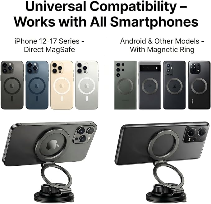 Magnetic Car Phone Mount, 0.83" Ultra-Slim Foldable Holder, [Vacuum Suction & Adhesive Pad] for Textured Dashboard/Windshield/Screen, 3-Joint Metal MagSafe Mount for iPhone 17 Pro Max -Black