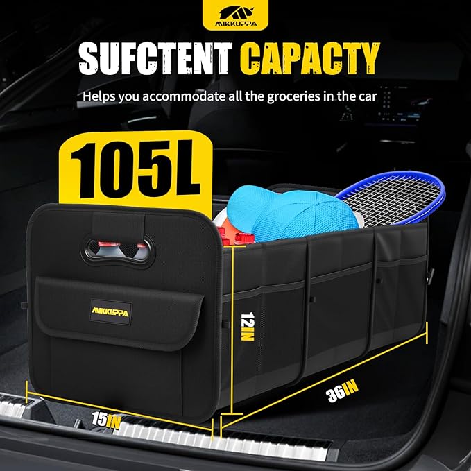 MIKKUPPA Car Trunk Organizer - 105L Collapsible Large Trunk Organizer for Groceries, Trunk Storage Organizers for SUV Auto Truck Van with Non Slip Bottom (Black)