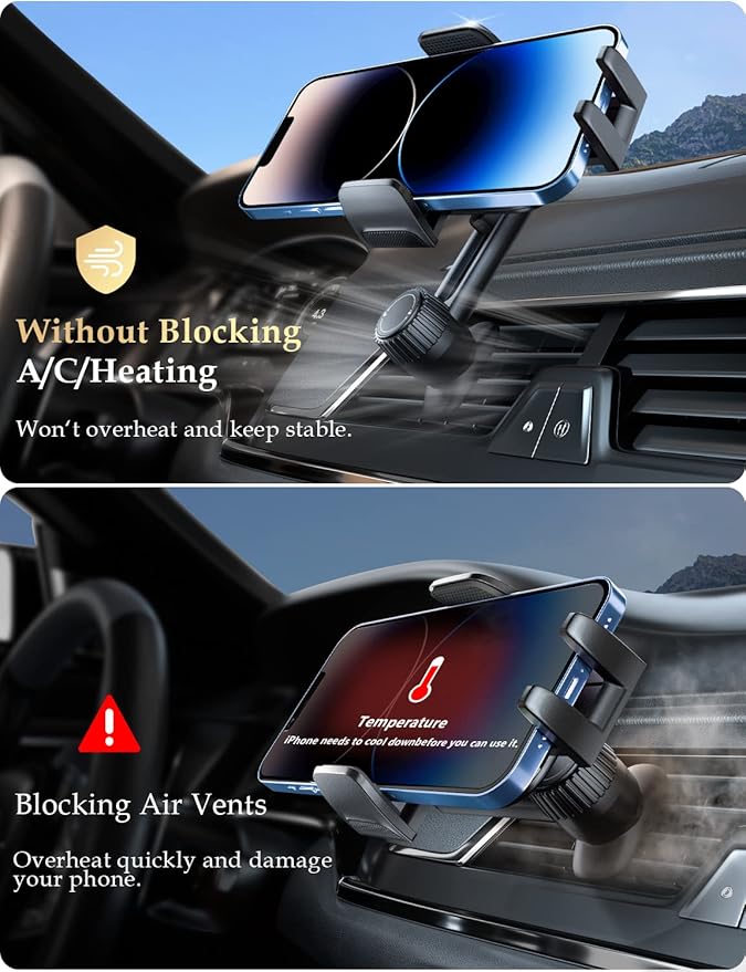 Phone Mount for Car Vent: [Never Blocking] Air Vent Cell Phones Holder for iPhone & Samsung Android Smartphone [Thick Cases Friendly] Hands-Free Auto Mobile Phone Stand (Acrylic)