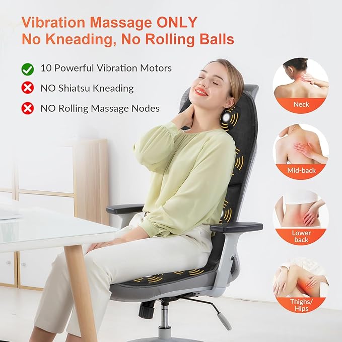 COMFIER Massage Seat Cushion with Heat - 10 Vibration Motors, Back Massager for Chair, （Vibration Massage Only, Not Shiatsu/Rolling,Massage Chair Pad for Back Ideal Gifts for Men, Women (Renew)