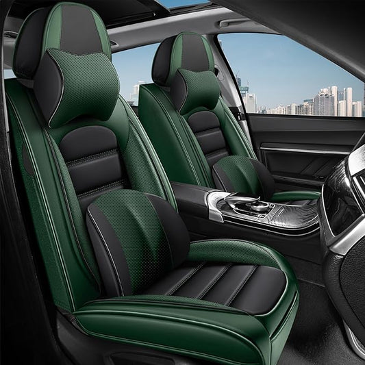 2 Car Seat Covers for Chrysler Pacifica 2004-2026 Breathable Leather,Waterproof Car Seat Protectors with Comfort Headrest Pillows,Automotive Vehicle Cushion with Storage Pockets (Luxury,Green)