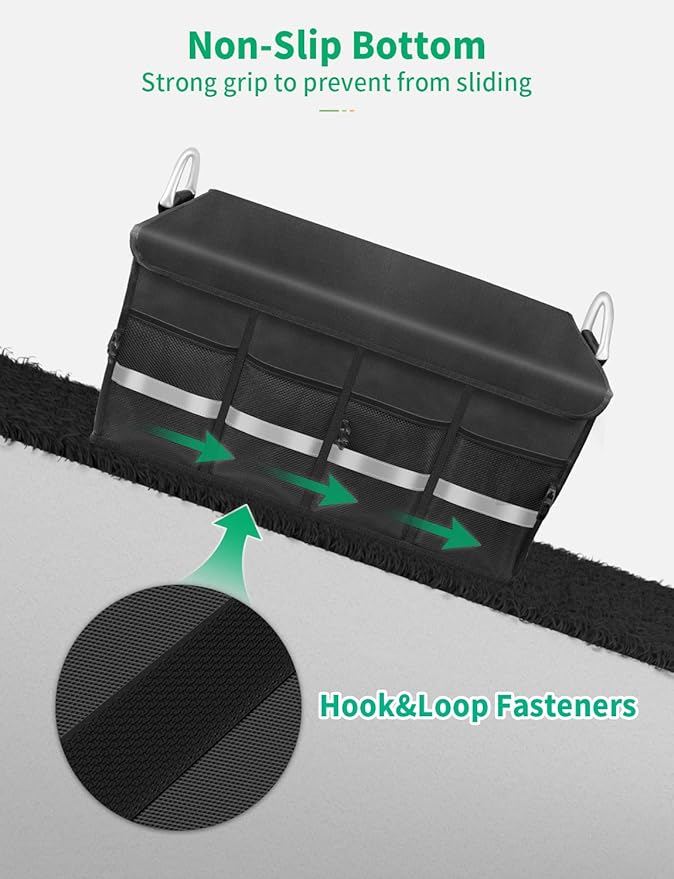 Oasser Trunk Organizer Cargo Organizer Trunk Storage Waterproof Collapsible Durable Multi Compartments with Foldable Cover Aluminium Alloy Handle Reflective Strip (Large, Black)