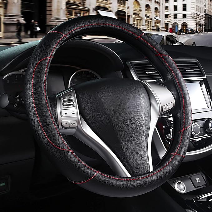 Leather Car Steering Wheel Cover, Non-Slip Car Wheel Cover Protector Breathable Microfiber Leather Universal Fit for Most Cars(Black)