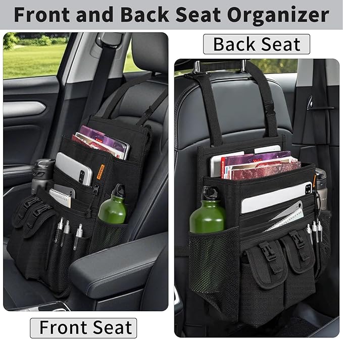 Car Front Seat Organizer Backseat Organizer with Dedicated Tablet Laptop Storage Adjustable Shoulder Strap Cup Holder Truck Seat Storage Universal Fits for Most of Car