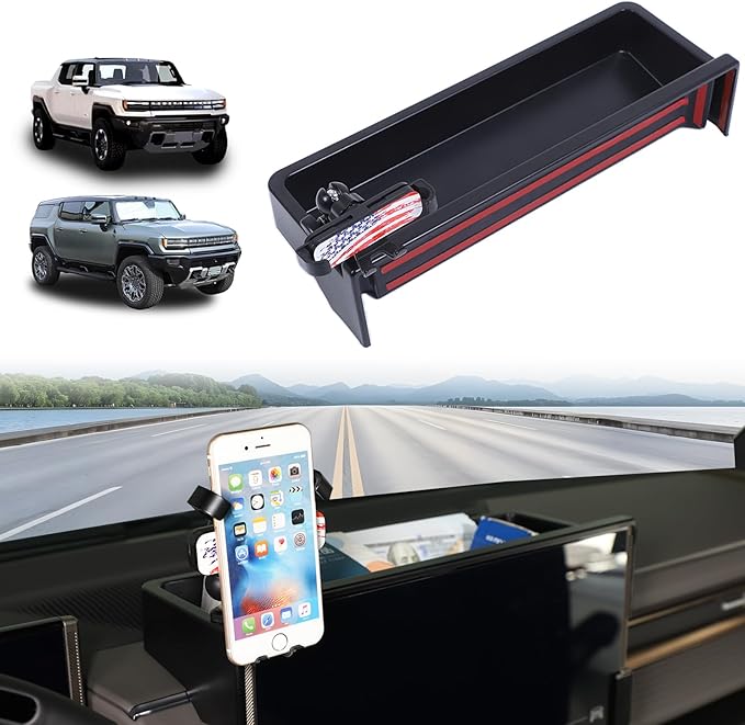 Center Console Dashboard Storage Box Phone Holder Mount for Hummer EV Accessories 360 Degree Rotatable Phone Holder Stand Dash Tray Organizer for Hummer EV SUV Pickup 2022-2026 (American Flag/E)