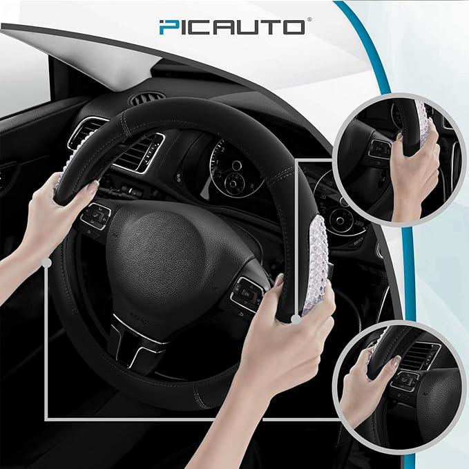 PIC AUTO Steering Wheel Cover, Glitter Gel Particles & Black Luxury Leather Car Steering Cover, Universal Fit 14.5"-15.5" Anti-Slip Car Wheels Cover for Girls & Women