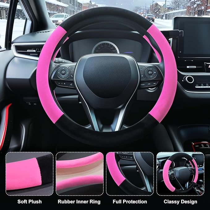SEG Direct Steering Wheel Cover for Car, Standard Size 14.5-15 inch, Auto Interior Accessories, Warm Plush, Summer Winter, Black and Pink
