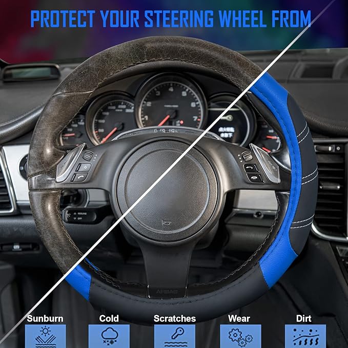 CAR PASS Line Rider Microfiber 15.5-16 Inch Leather Sporty Steering Wheel Cover Universal Fits for Truck SUV Cars Pick up, Anti-Slip Safety Comfortable Design (Black and Blue)
