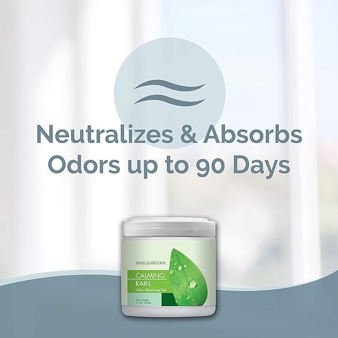 SMELLS BEGONE 15oz Gel Odor Eliminator - Absorb & Remove Tough Odors in Pet Areas, Bathrooms, Basements, Garage, Cars, RVs & Boats - Eliminate Odors Quickly (1-Pack, Calming Rain)