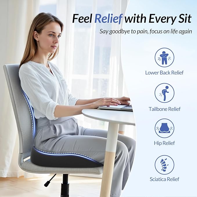ZIKEE Ergonomic Seat Cushion with Thigh Slope for Long Sitting, Memory Foam Office Chair Cushion for Car, Home, Plane, U-Shaped Design Relieves Hip, Tailbone Pain, Non-Slip Sciatica Pain Relief Pillow