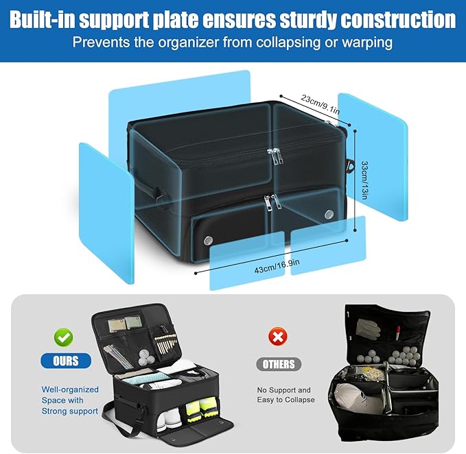 Golf Trunk Organizer for Car SUV with Shoe Compartment & Divider | 2-Layer Golf Storage Bag for Balls, Tees, Accessories | Waterproof Golf Locker Gift for Men, Dad, Golfers