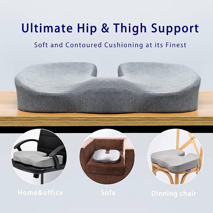 Gel Infused High Dense Memory Foam Seat Cushions for Office Chair, Car, Wheelchair-Coccyx Seat Cushion for Tailbone Pain Pressure Relief (Light Grey)
