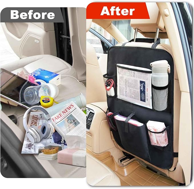 2 Pack Car Backseat Organizer with Touch Screen Tablet Holder,6 Storage Pockets Protectors Kick Mats,Car Back Seat Cover Protector Travel Accessories for Kids
