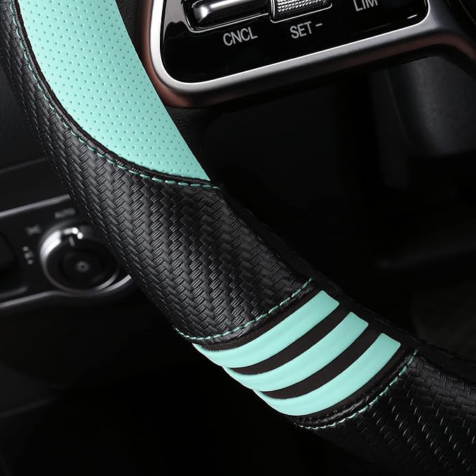 Car Steering Wheel Covers for Women Padded Carbon Fiber PU Leather Cute Auto Interior Accessories for Vehicle, Sedan, Universal, Anti Slip, Green, Standard Size, 14.75-15.15in