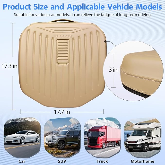 CAR PASS Premium Leather Car Seat Cushion, Comfort Memory Foam Driver Seat Cushion for Long Driving, Waterproof Non-Slip Seat Cushions for Cars, Truck, SUV, Office Chairs, Stadium, Beige