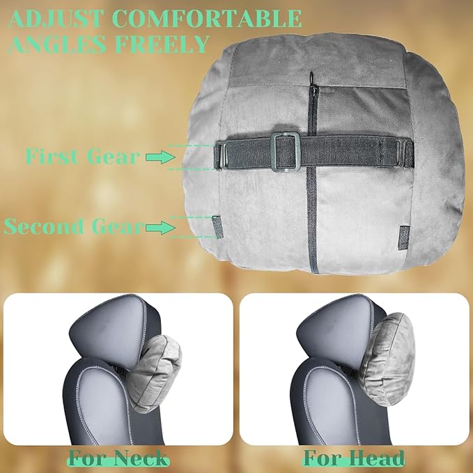 1 Pack Universal Car Headrest & Neck Support Pillow Soft Auto Seat Headrest Neck Rest Cushion for Driving with Adjustable Strap, Memory Cotton and Removable Cover, Ergonomic Design Gray