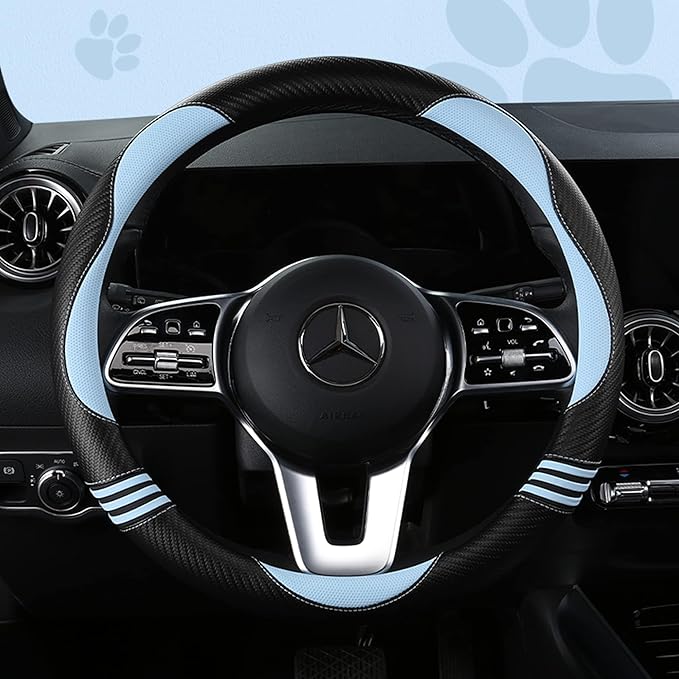 Car Steering Wheel Covers for Women Padded Carbon Fiber PU Leather Cute Auto Interior Accessories for Vehicle, Sedan, Universal, Anti Slip, Blue, Standard Size, 14.75-15.15in