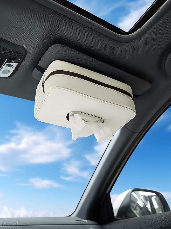 Multi-Functional Car Tissue Holder with ‌2 Storage Nets, Upgraded PU Leather Tissue Box Cover, Large Rectangle Napkin Organizer, Fit for 100-150 Regular Size Tissues, Keep Car Tidy, Beige