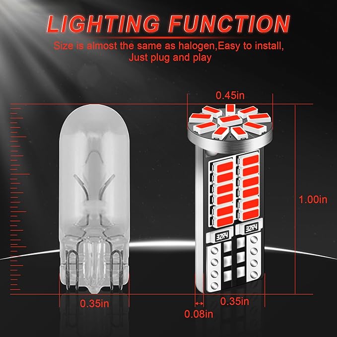 10Pcs Super Bright 194 T10 168 2825 W5W 34-SMD 3014 Chipsets Replacement LED Bulb for Car Trunk Interior Dome Map Door Courtesy License Plate Lights - Brilliant Red
