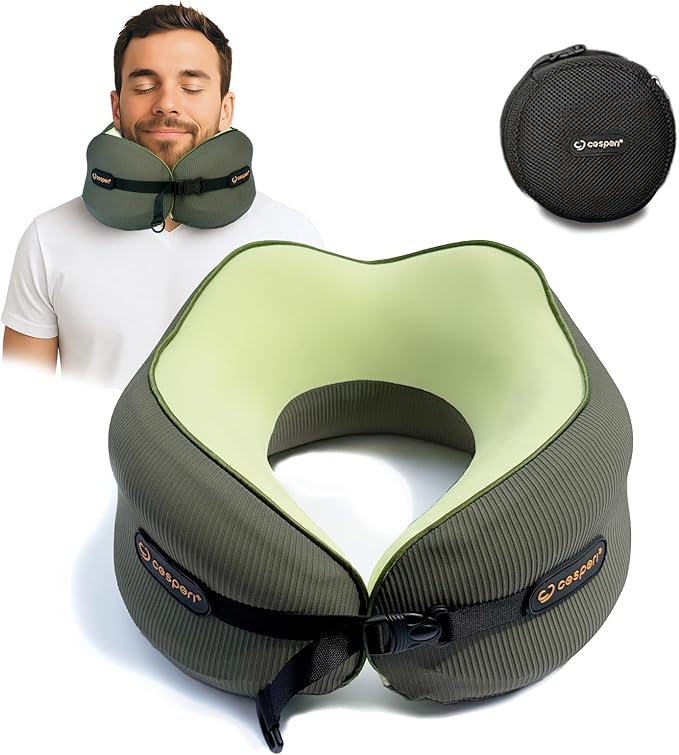 Cesperi® Travel Neck Pillow for Airplanes, Ergonomic Design, Airplane Neck Pillow with Memory Foam, Travel Essentials for Flights, Car Rides, and Home Rest, Large (Avocado Green)