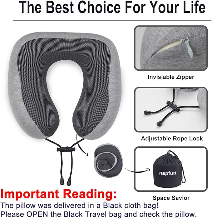 napfun Neck Pillow for Traveling, Upgraded Travel Neck Pillow for Airplane 100% Pure Memory Foam Travel Pillow for Flight Headrest Sleep, Portable Plane Accessories, Light Grey Set