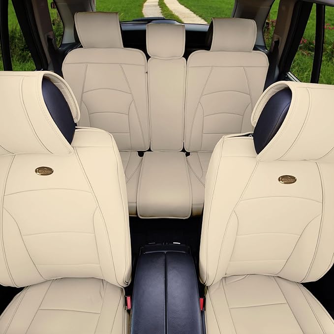 FH Group Ultra Comfort Highest Grade Faux Leather Full Set Cushion Pads Car Seat Covers for Front and Rear- Fit Most Car, Truck, SUV, or Van (Solid Beige)