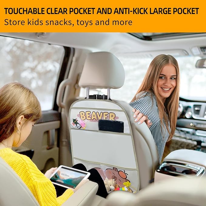 2-Pack kids Leather Car Backseat Organizer with Foldable Table Tray, Car Storage Organizer with Tablet Holder, Car Seat Back Protectors Kick Mats, Travel Accessories (Capybara)