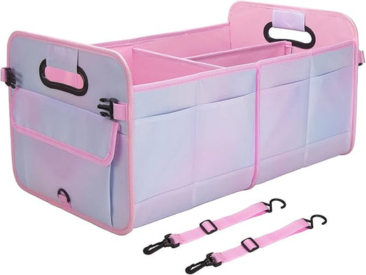 Trunk Organizer For Suv&Sedan,Car Organizers & Storage, Waterproof Collapsible & Adjustable Straps,70L Sturdy Car Organization for Car Accessories,Tools,Sundries,2-3Compartment(Colorful Pink)