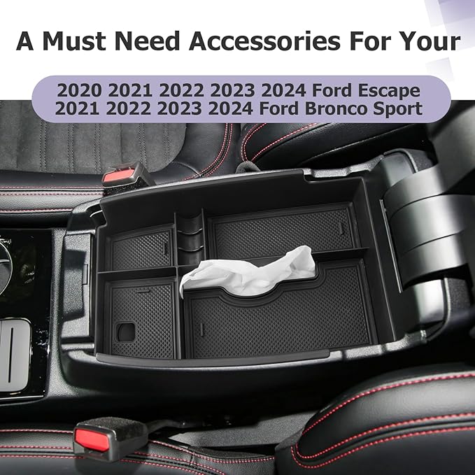 LUWU Ford Center Console Organizer Compatible with Ford Escape (2020-2025), Ford Bronco Sport (2021-2025) Console Organizer Tray Armrest Storage w/Tissue Box 2025 Ford Escape Bronco Sport Accessories