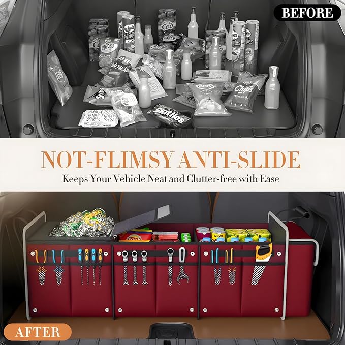 Large Trunk Organizer for SUV with Premium Portable Cooler Bag, Car Organizers and Storage with Foldable Cover, Collapsible Car Trunk Bed Organizer for Truck, 2 Retractable Straps, 90L+20L, Wine Red-C