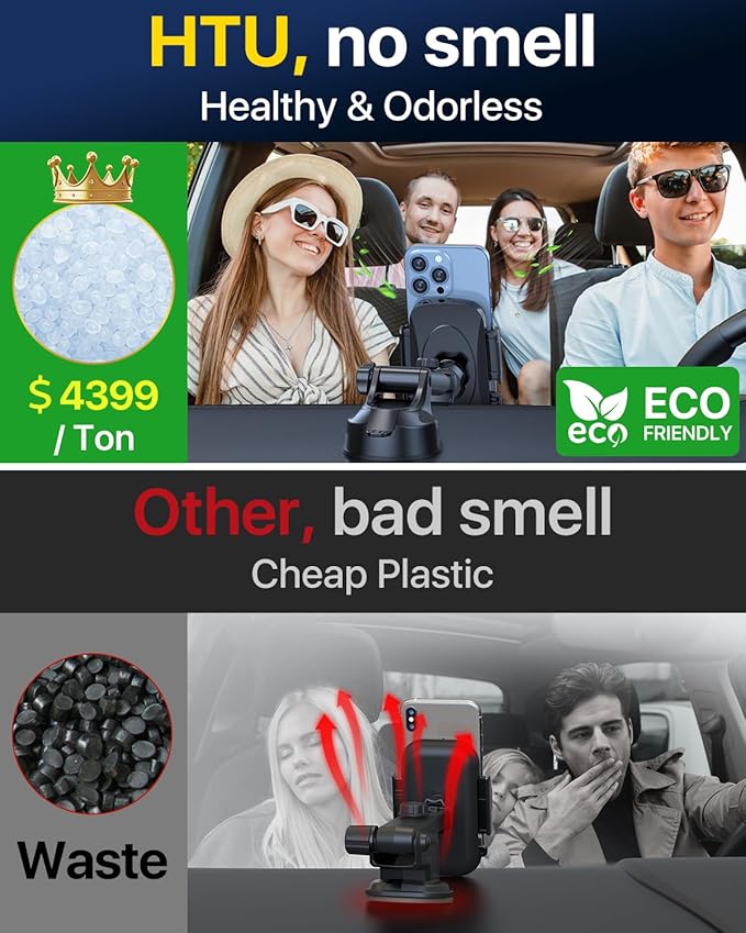 HTU 2026 Upgraded [True Military-Grade] Car Phone Holder【Safety Certs & No Smell】 Cell Phone Holder for Car Mount for Dashboard Windshield Air Vent Long Arm Thick Case,Black