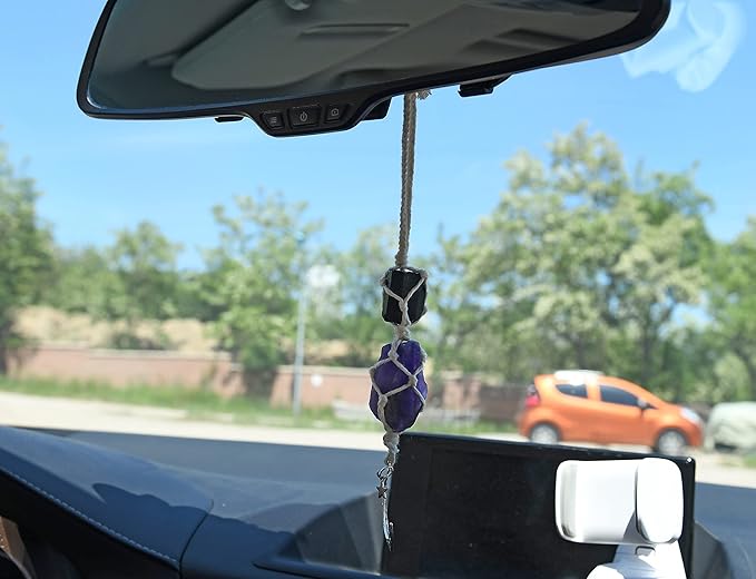 BOHO GARDEN Hanging Car Charm - Black Tourmaline, Amethyst - Dangling Moon, Healing Crystal Accessories, Rearview Mirror Decorations - Grounding, Confidence, Protection, Balance, Energy, Spirituality