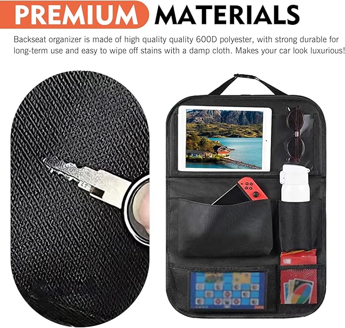 1 PC Car Backseat Organizer, Multifunctional Front Seatback Storage Pocket with Tablet Holder, Universal Protectors Kick Mats Travel Accessories, for Most Cars, Trucks, SUVs (Black)