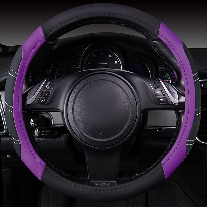 CAR PASS Line Rider Microfiber Leather Sporty 14.5-15 inch Steering Wheel Cover Universal Fits for 95% Truck,SUV,Cars, Anti-Slip Safety Comfortable Design (Black Purple)